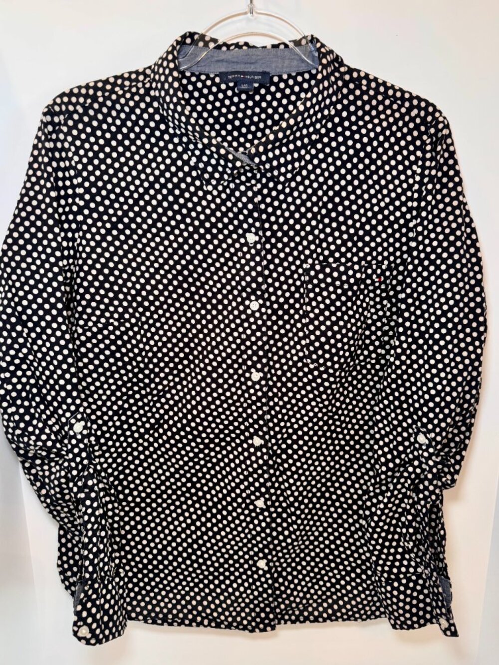 Tommy Hilfiger Women’s Polka Dot Button Front Shirt BlackWhite Long Sleeve Large